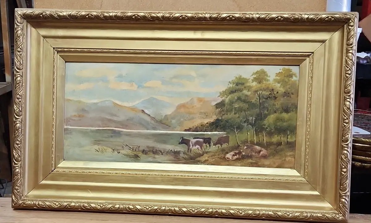Gold Framed Oil Painting Of Cows By A Mountain Lake On Masonite 1