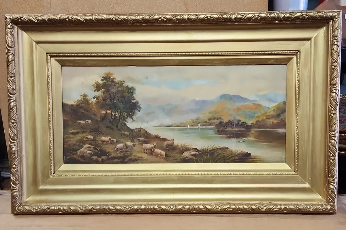 Gold Framed Oil Painting Of A Flock Of Sheep By A Lake-Signed 1