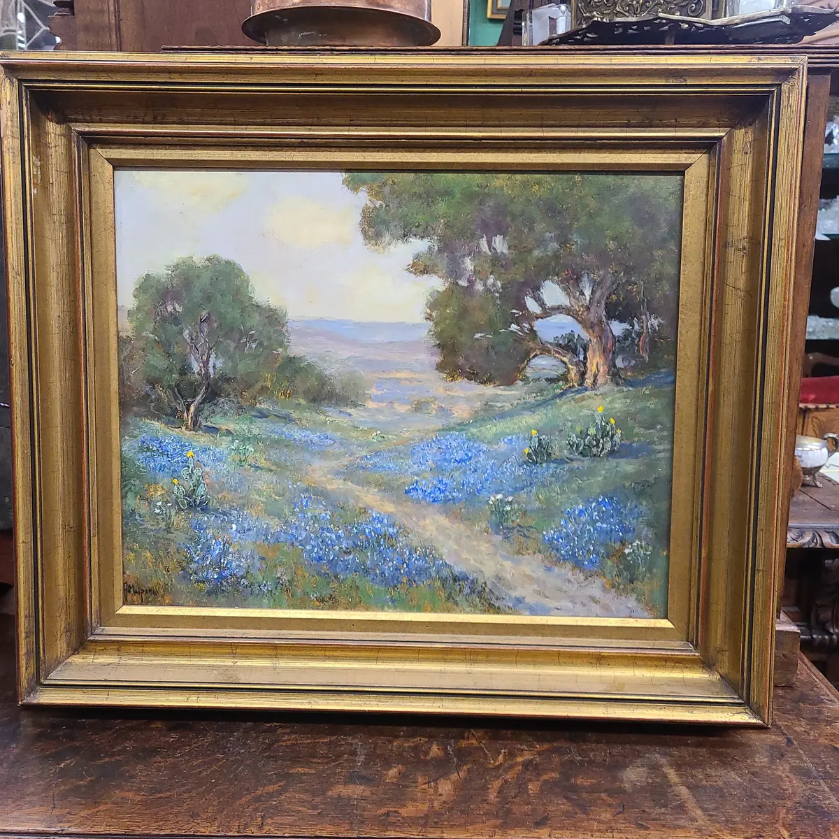 Jerry Malzahn Landscape Oil Painting With Bluebonnets Near A Road 1