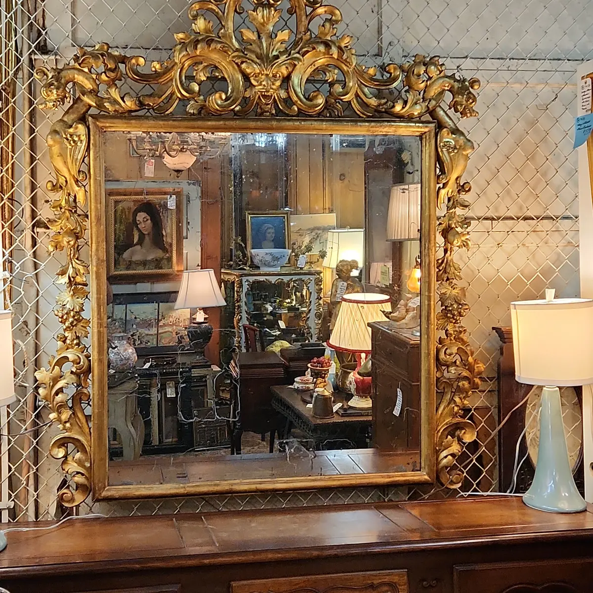 Large 19Th Century Gilt Gesso And Wood Mirror With Griffins And Mask Pediment 1