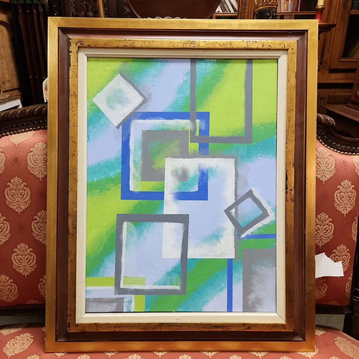 Modern Abstract Painting In Gold And Terra Cotta Wood Frame 1