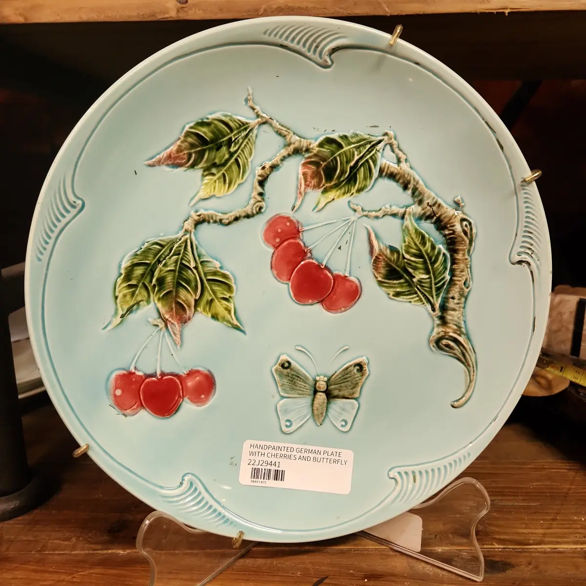 Hand Painted  Majolica Plate With Cherries And Butterfly 1