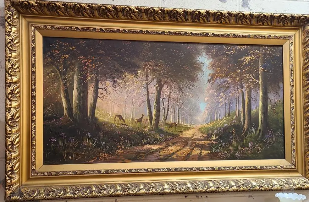 Large Signed Sylvan Oil Painting With Country Road And Deer 1