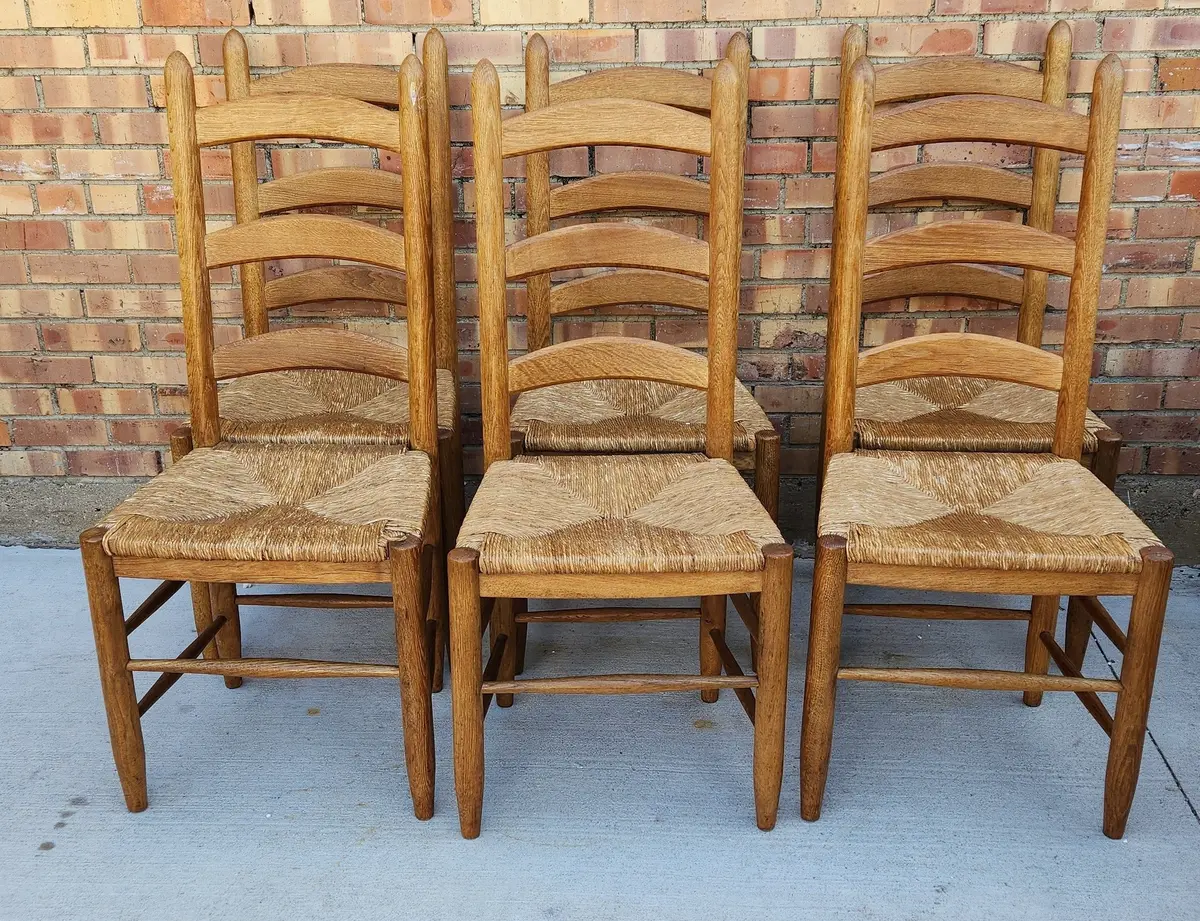 Set Of Six Light Oak Rush Seat Chairs 1