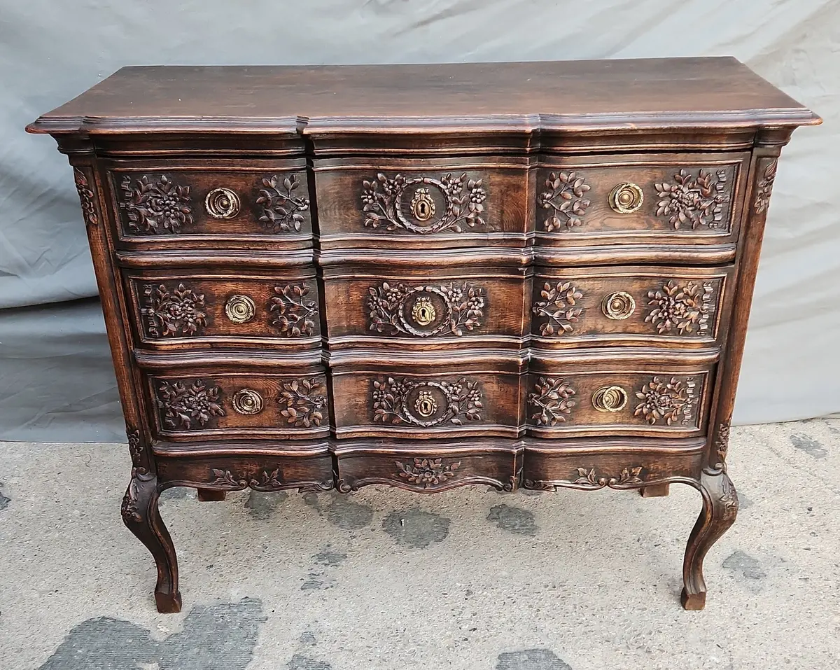 3 Drawer Oak Medium Size Country French Chest With Floral And Wreath Carving 1