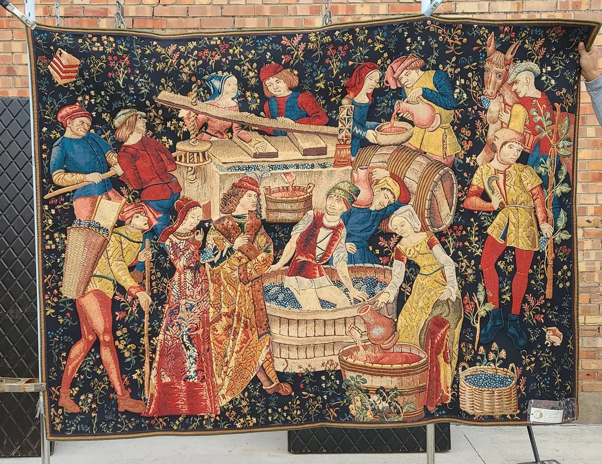 Horizontal Tapestry Of Grape Harvest With Winemakers Belgium 1