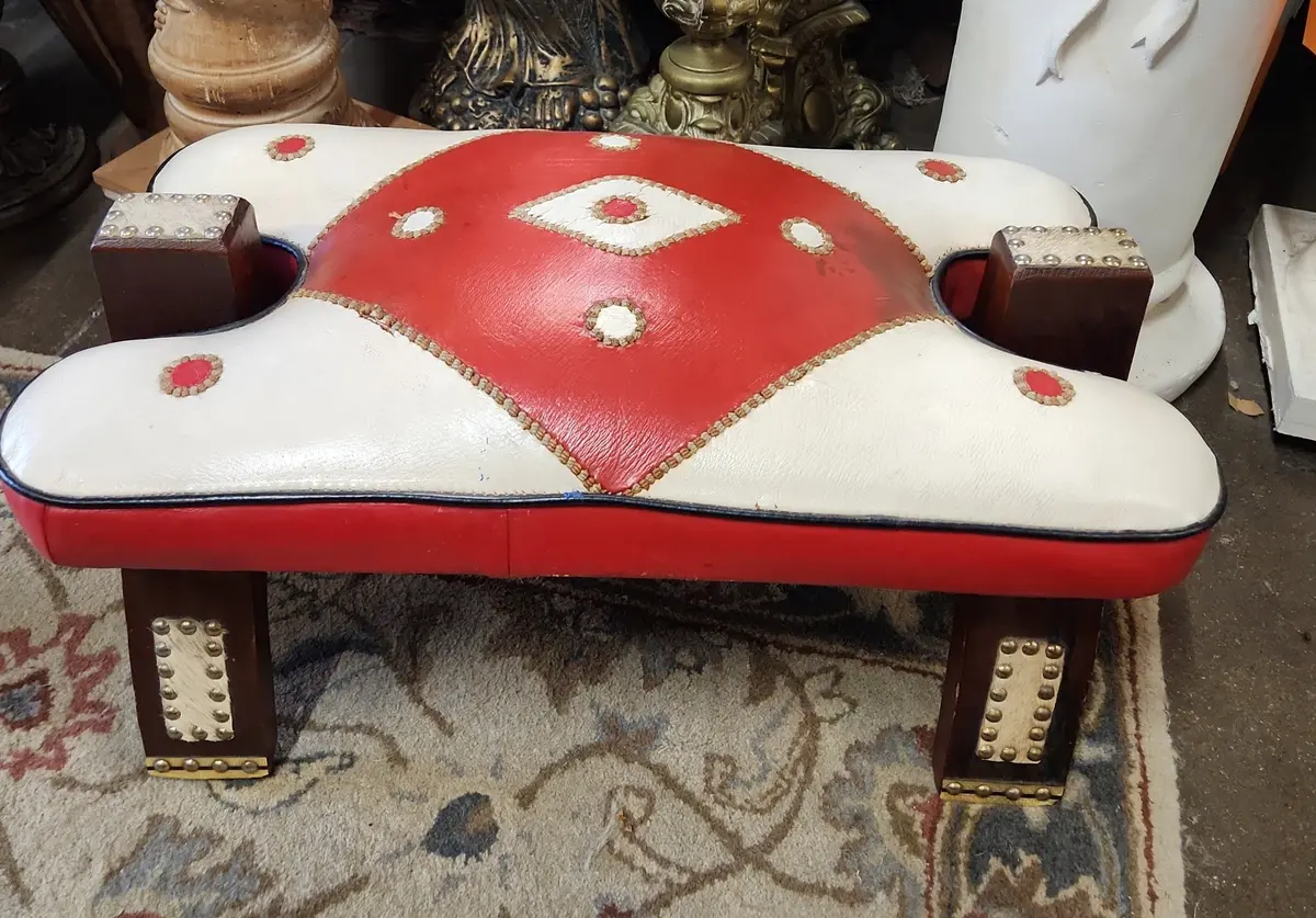 Camel Stool With Red And White Cushion 1