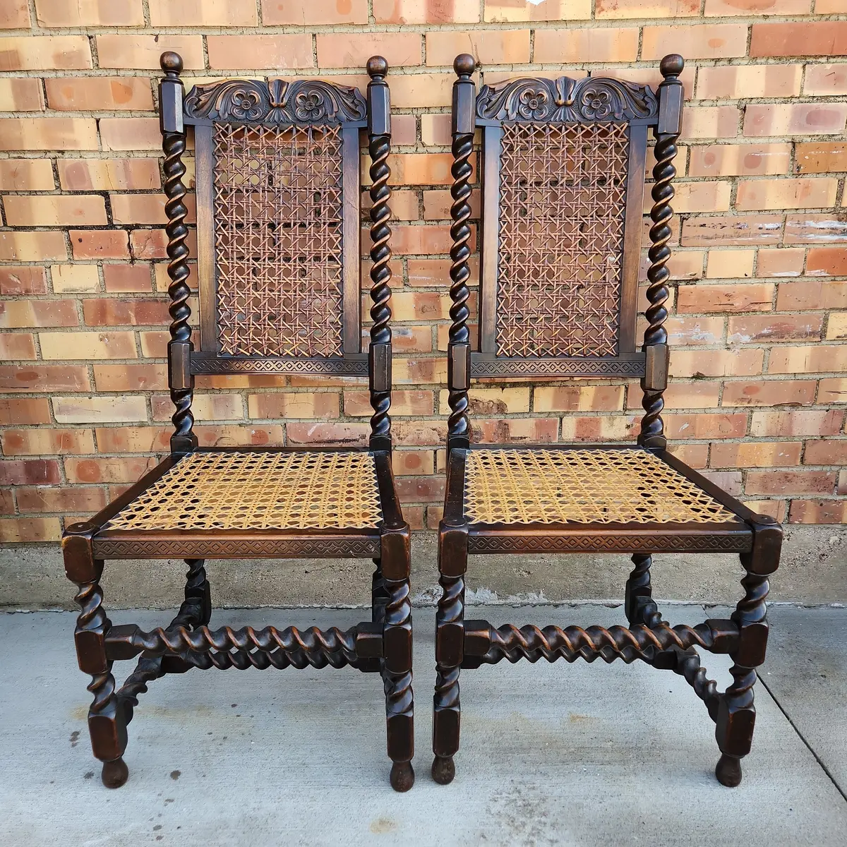 Pair Of Hand Caned Barley Twist High Back Chairs As Found Leg And Caning 1