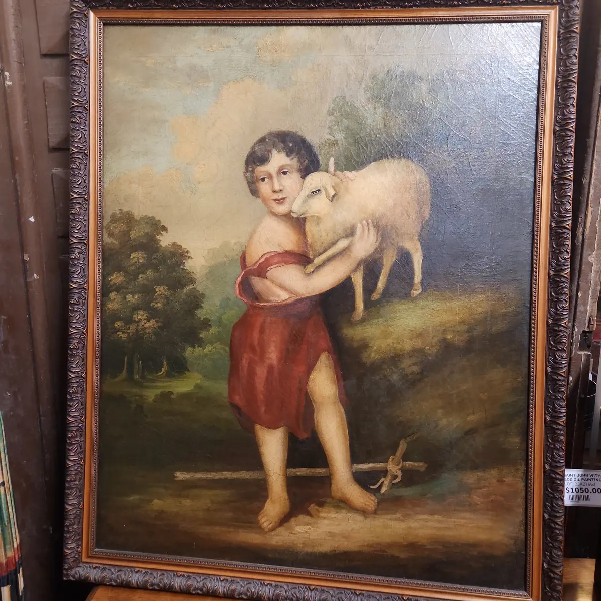 Saint John With Lamb Of God Oil Painting On Canvas  Relined And Restored 1