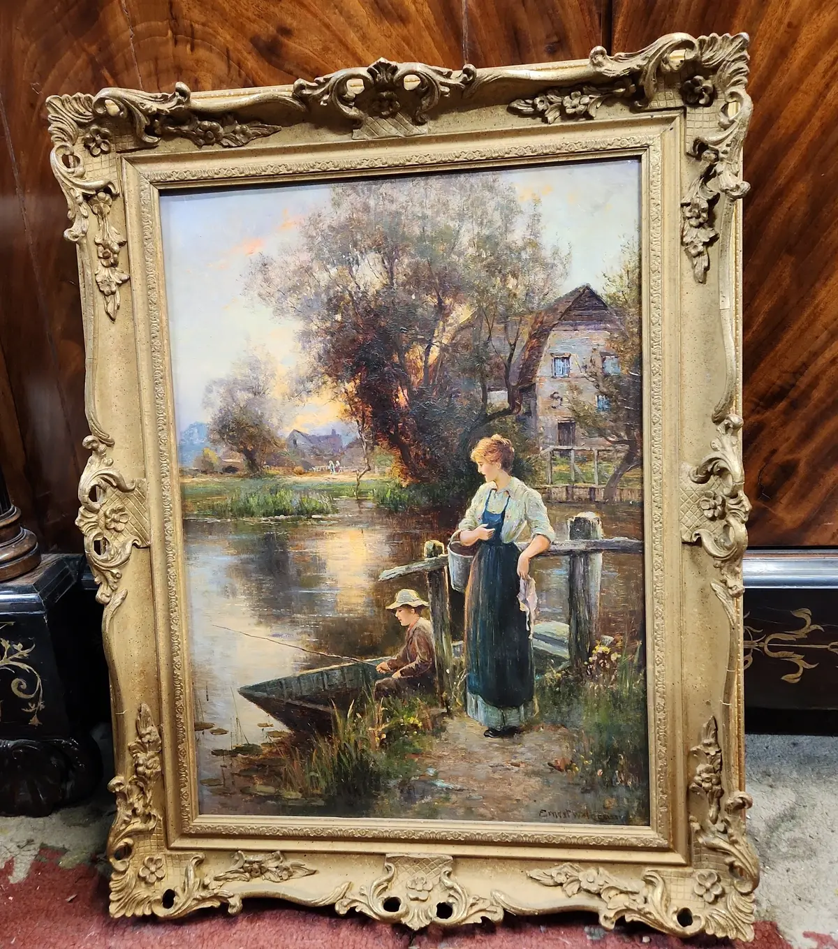 Oil On Canvas Of Woman With Child Fishing Signed Ernest Walbourn (Listed Artist) 1