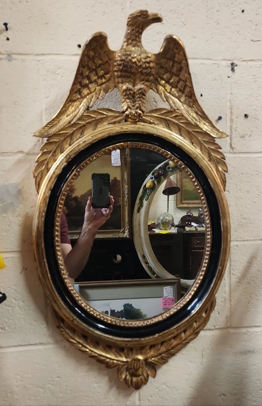 Giltwood Oval Carved Eagle Mirror With Black Filet 1