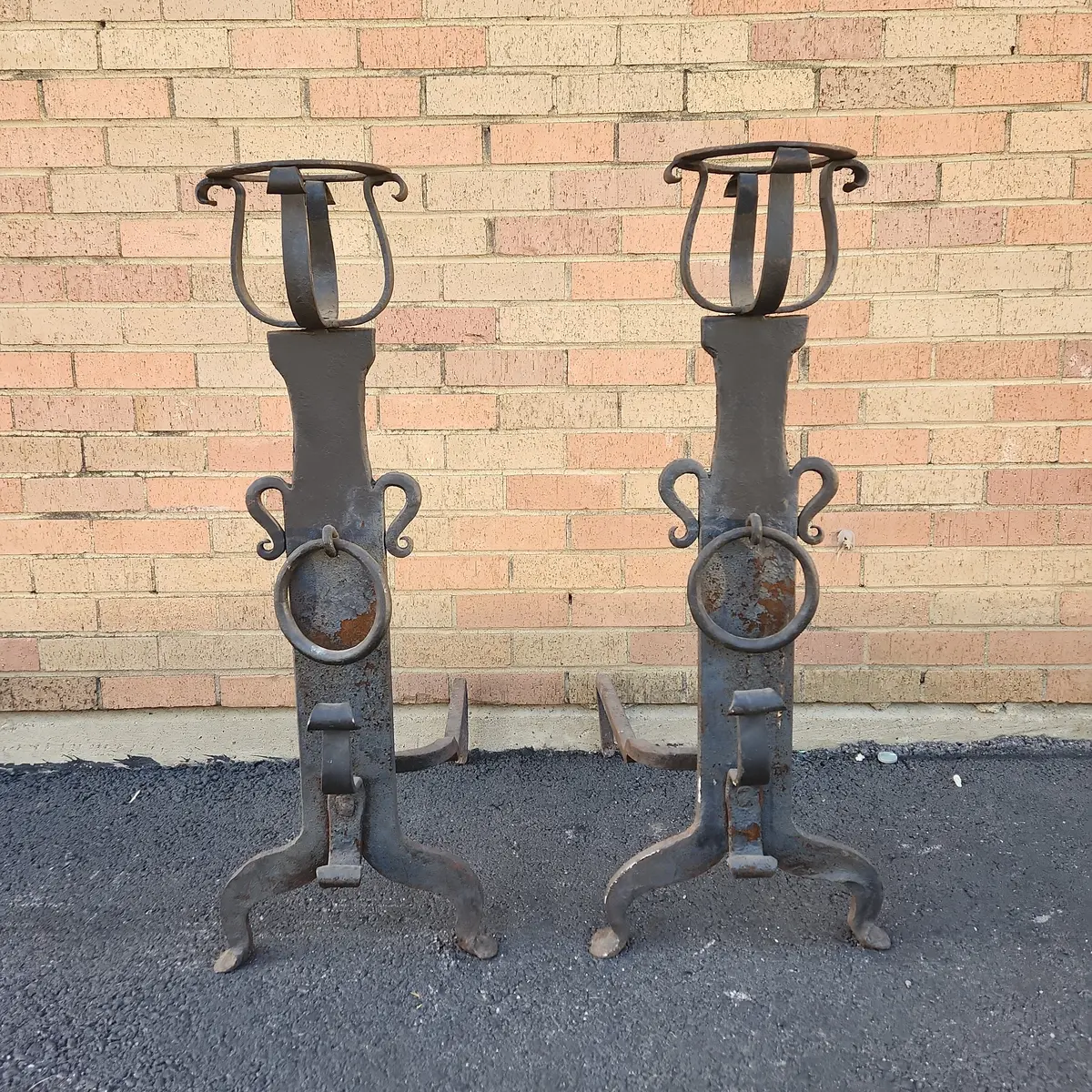 Pair Of Tall Black Flat Iron Andirons With Rings And Basket Tops 1