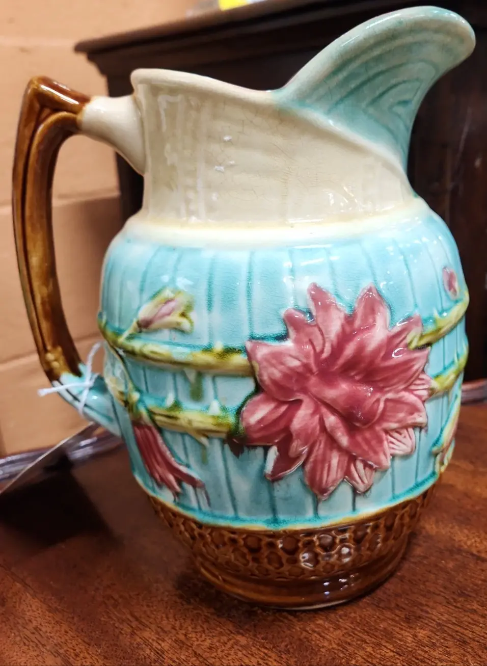 Large Majolica Pitcher With Flowers 1