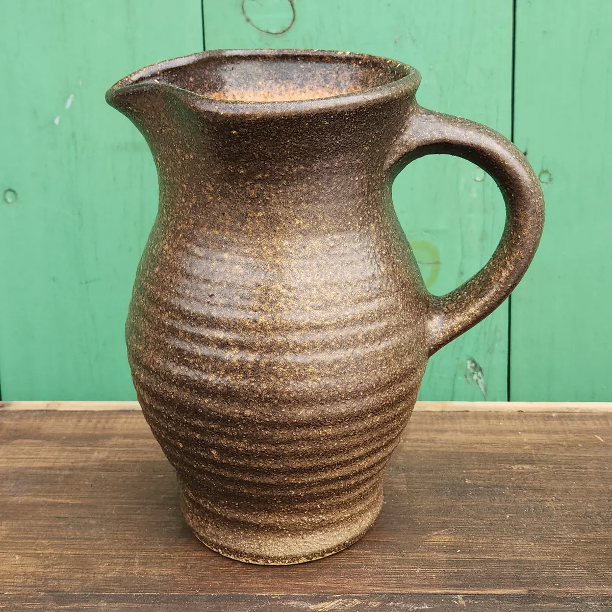Hand Thrown Brown Ribbed Pottery Pitcher 1