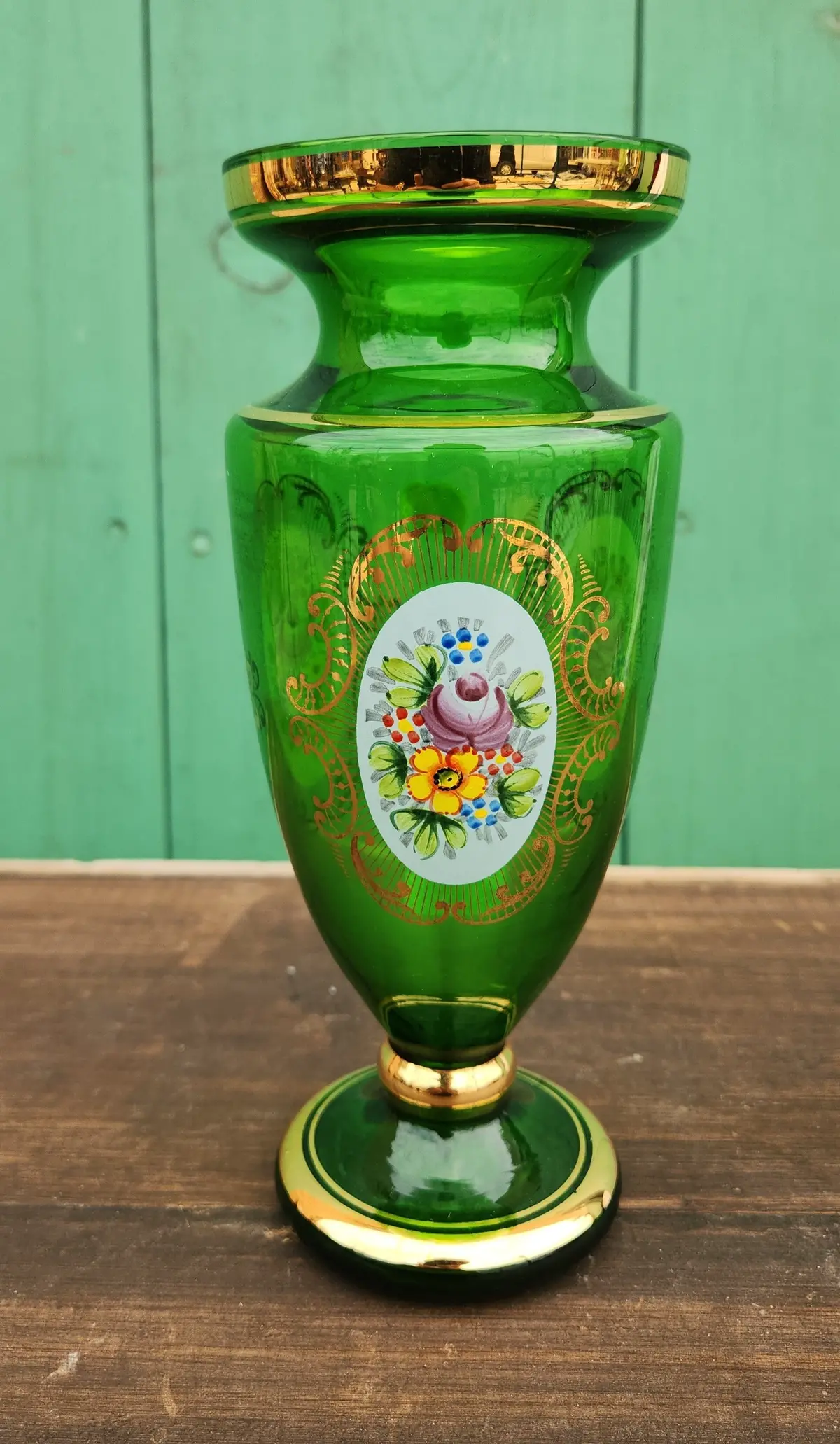 Tall Bohemian Glass Green Floral Vase With Enameled Flowers 1