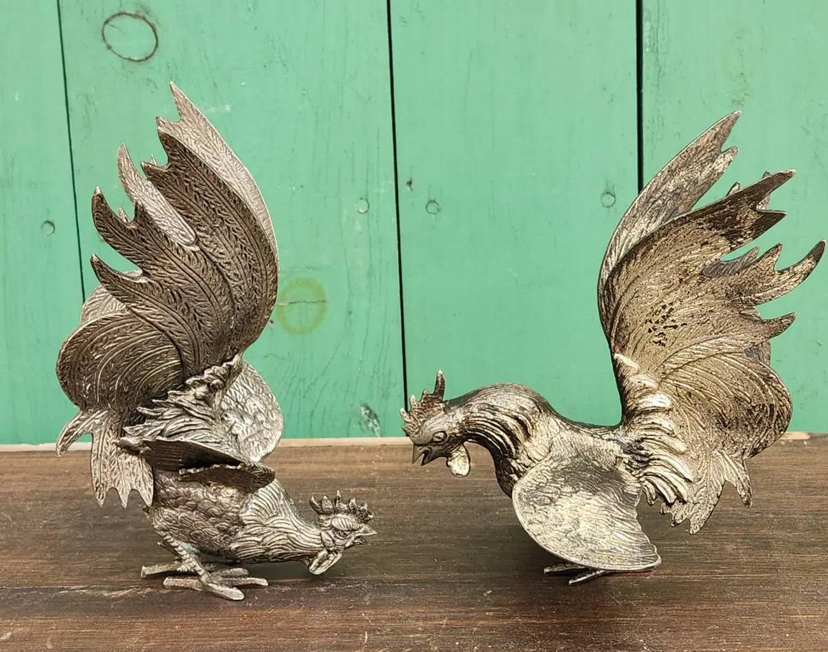 Pair Of Metal Silver Finish Roosters 1