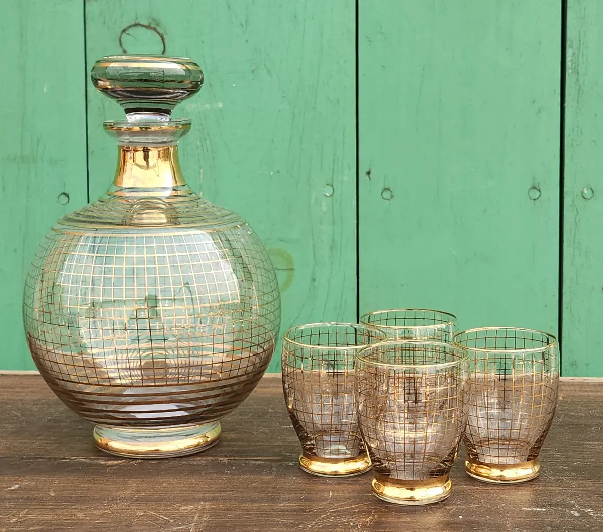 Mid Century Gold Grid Pattern 5 Piece Decanter Set 1