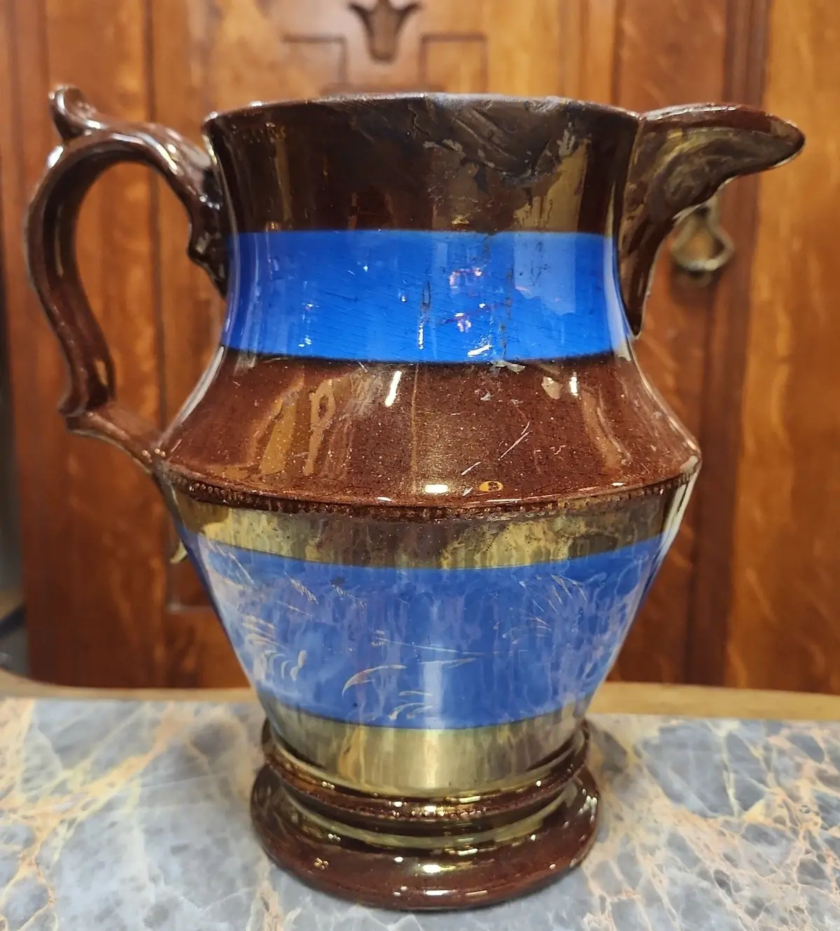Large Copper Luster Pitcher With Blue Bands As Found 1