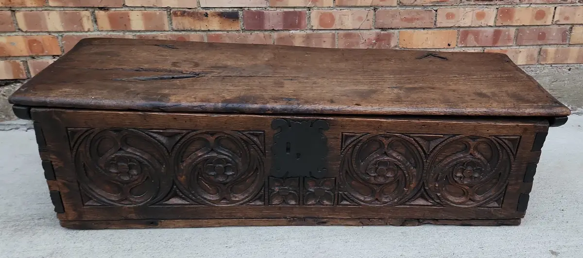 18Th Century Carved Oak Dovetailed Gothic Coffer 1