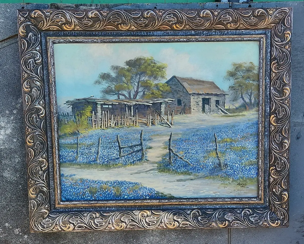 Framed Bluebonnet Oil Painting Signed Arnold Vail 1