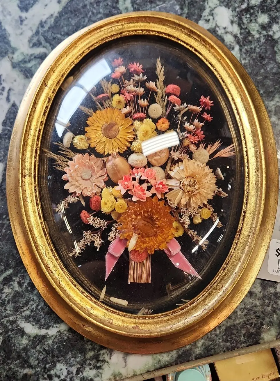 Vintage Dried Flowers In Gilt Frame With Convex Glass 1