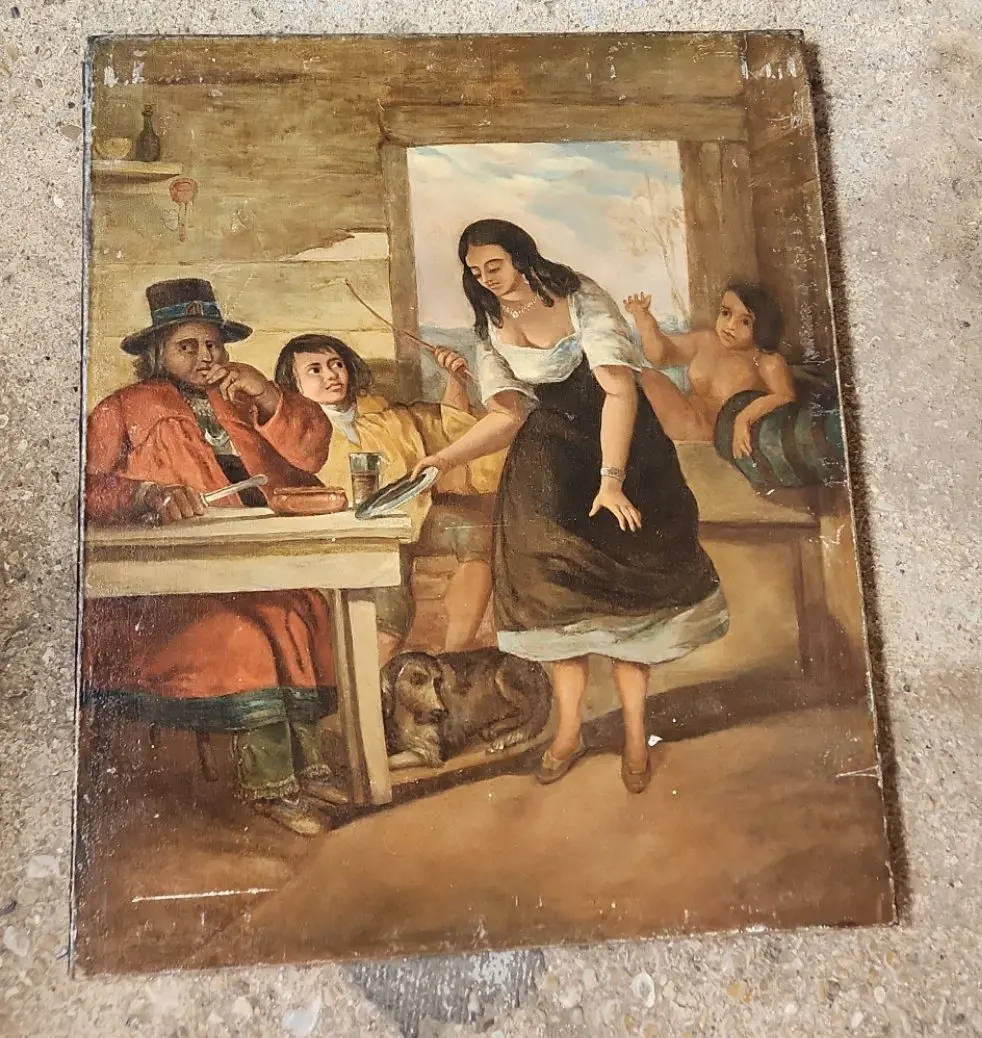 Unframed Barmaid In Tavern Oil Painting On Canvas-Restored 1