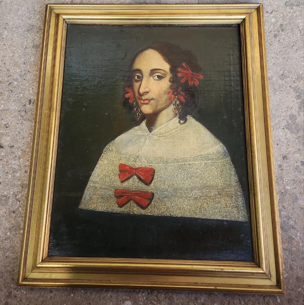 Large Gold Framed 17Th Century Oil Painting Of A Lady With Ribbons And Lace 1
