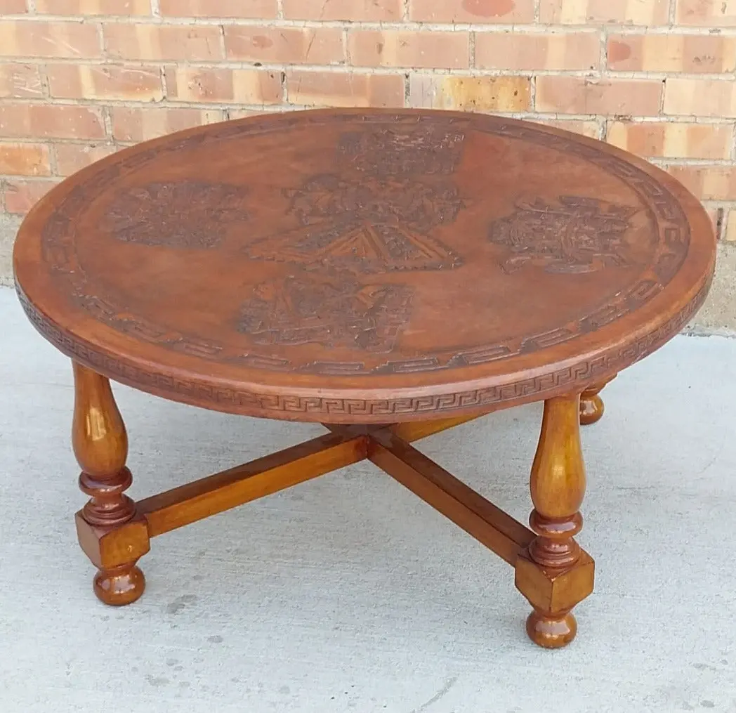 Round Coffee Table With Embossed Leather Top 1