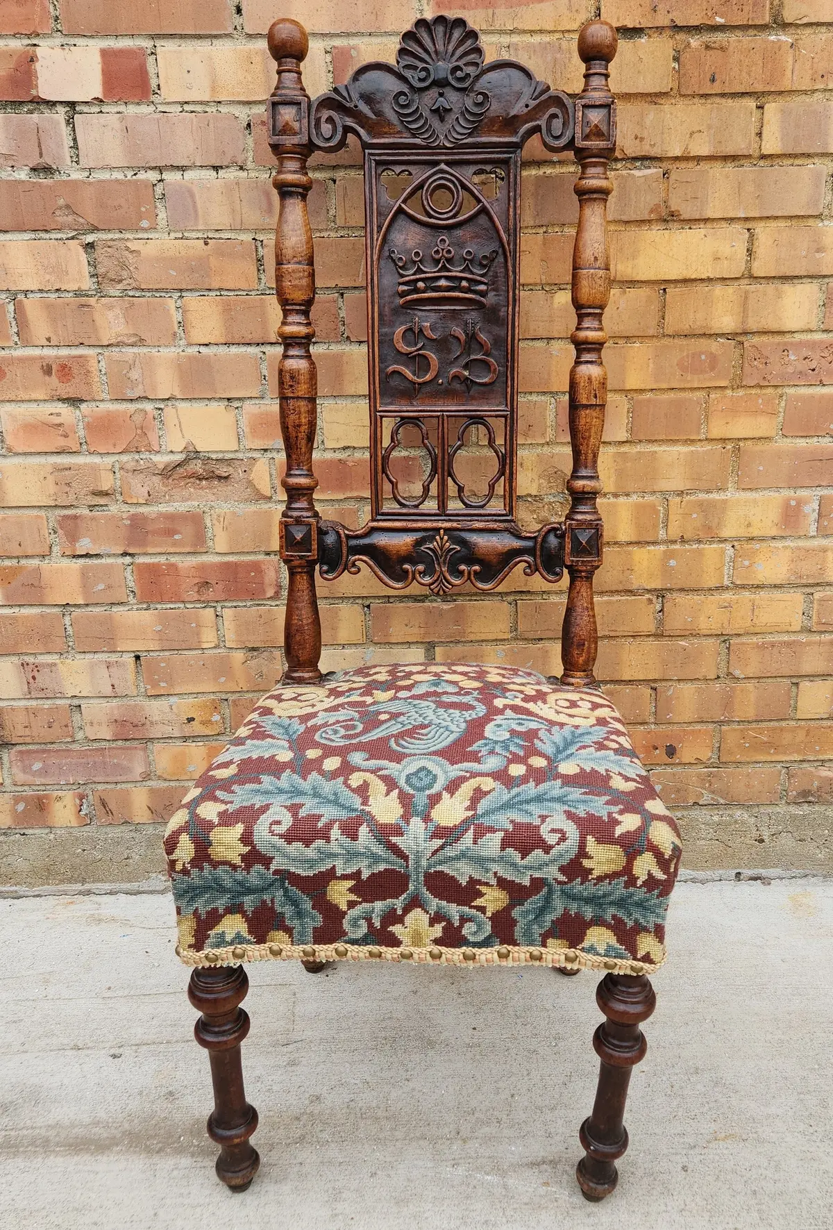 Oak Side Chair With Carved Crown And Tapestry Seat 1