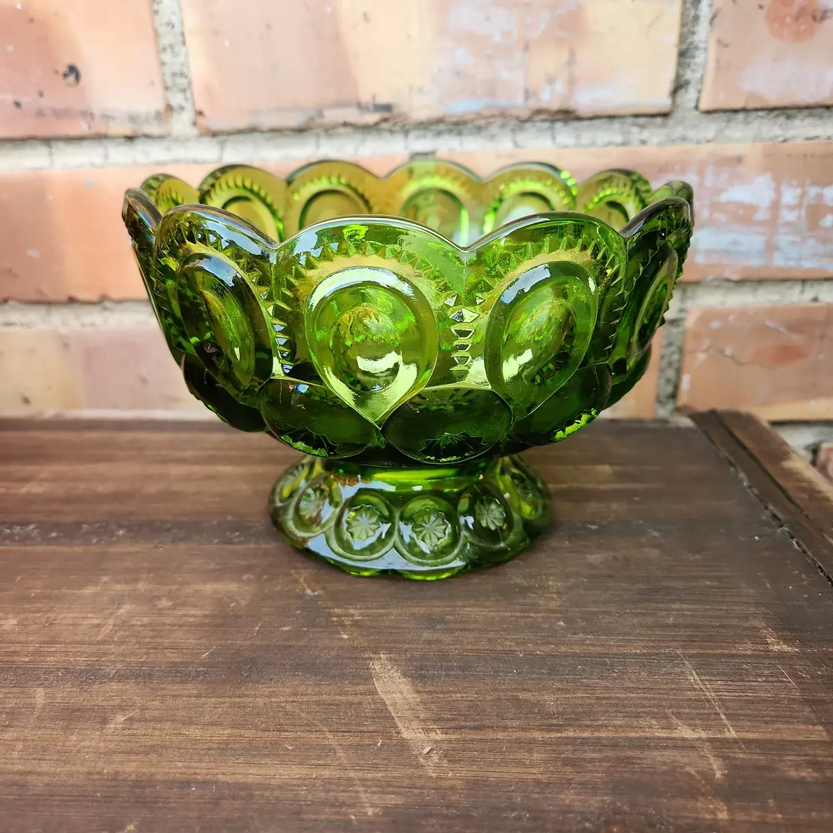 Pressed Green Glass Footed Bowl 1