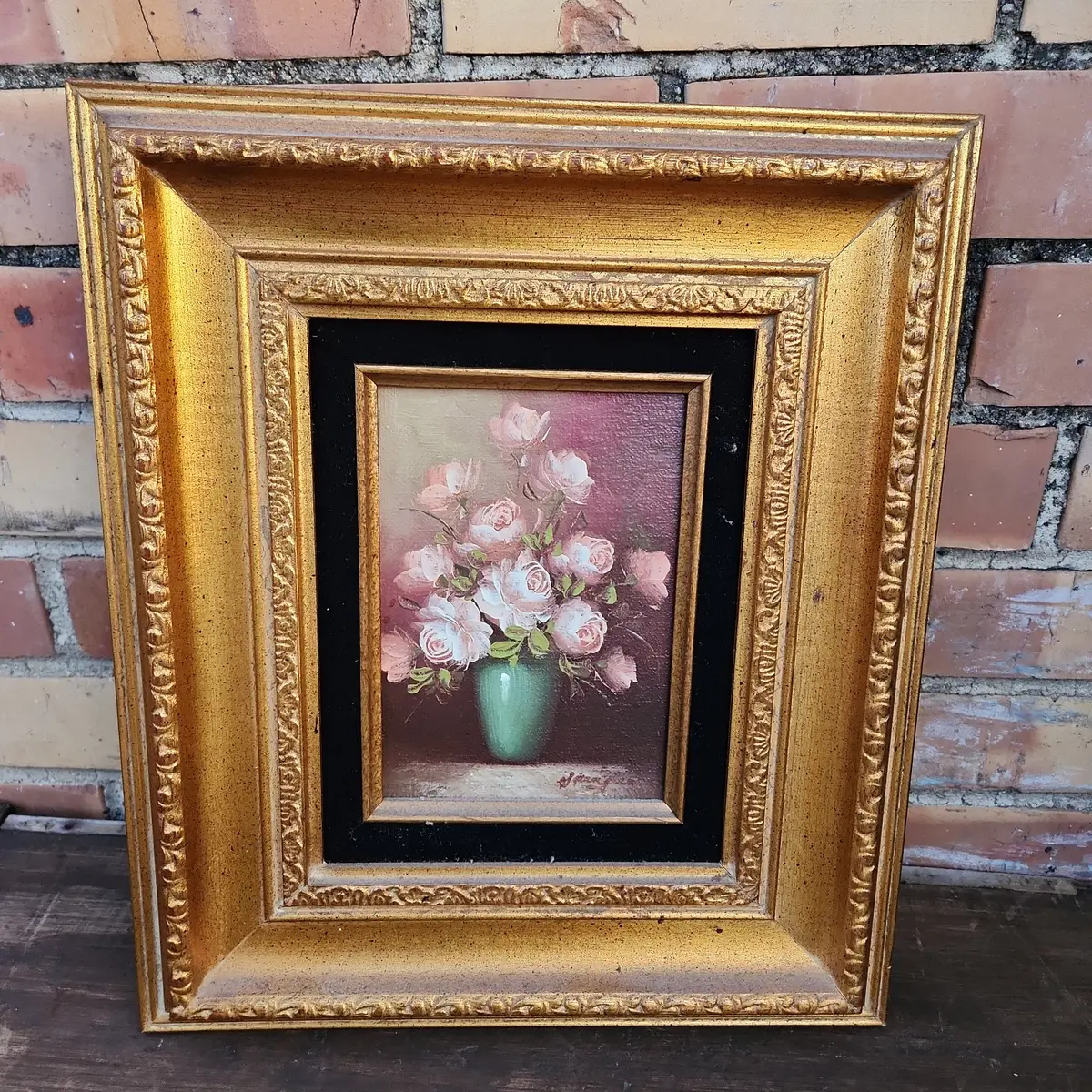 Small Framed Still Life Oil Painting Of Pink Roses In Vase 1