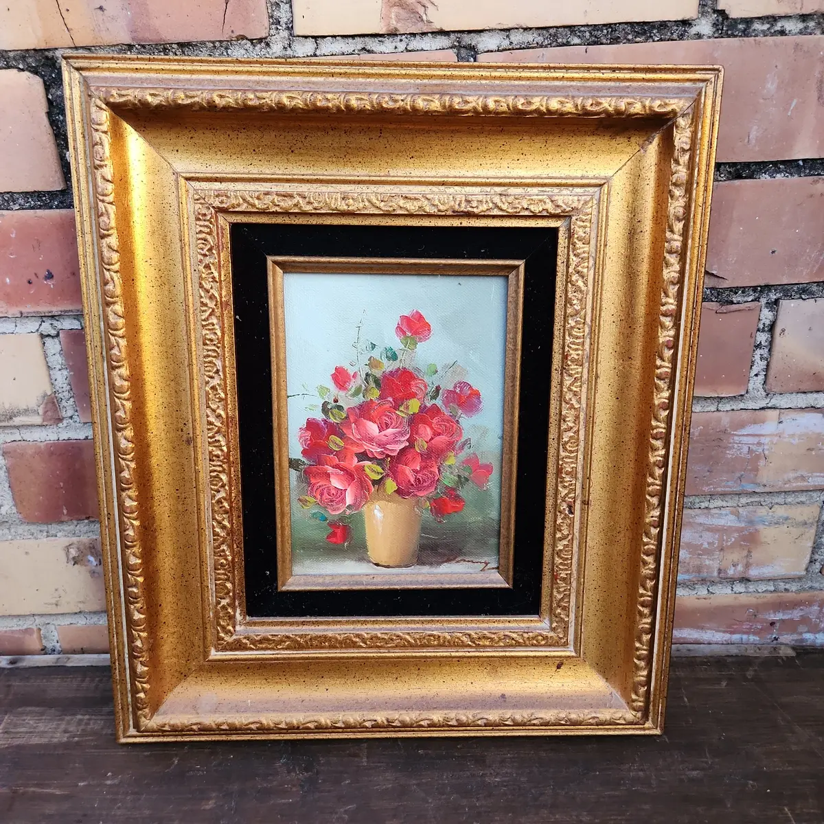 Small Framed Still Life Oil Painting Of Red Roses In Vase 1