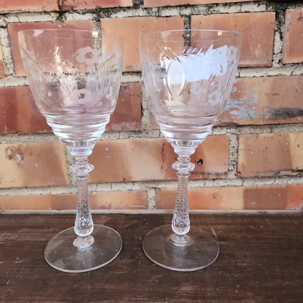 Pair Of Tall Etched Crystal  Goblets 1