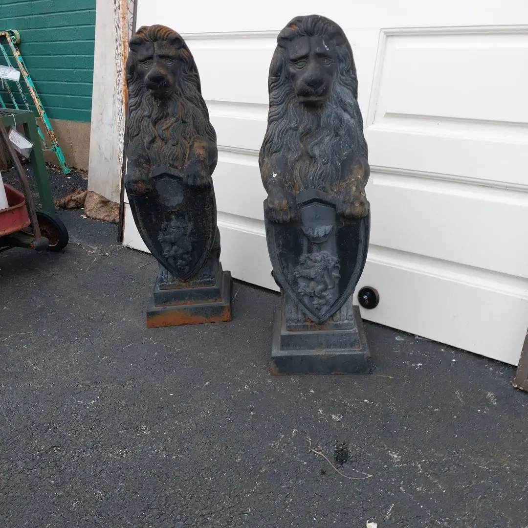 Pair Of Cast Iron Standing Lions With Shields 1
