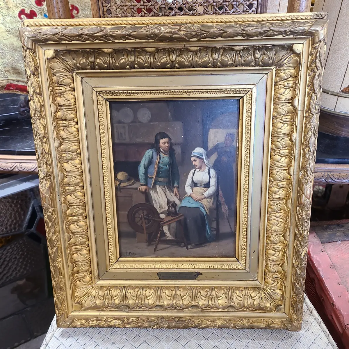 Gilt Framed Small Oil Painting Of Young Man And Woman On Canvas 1