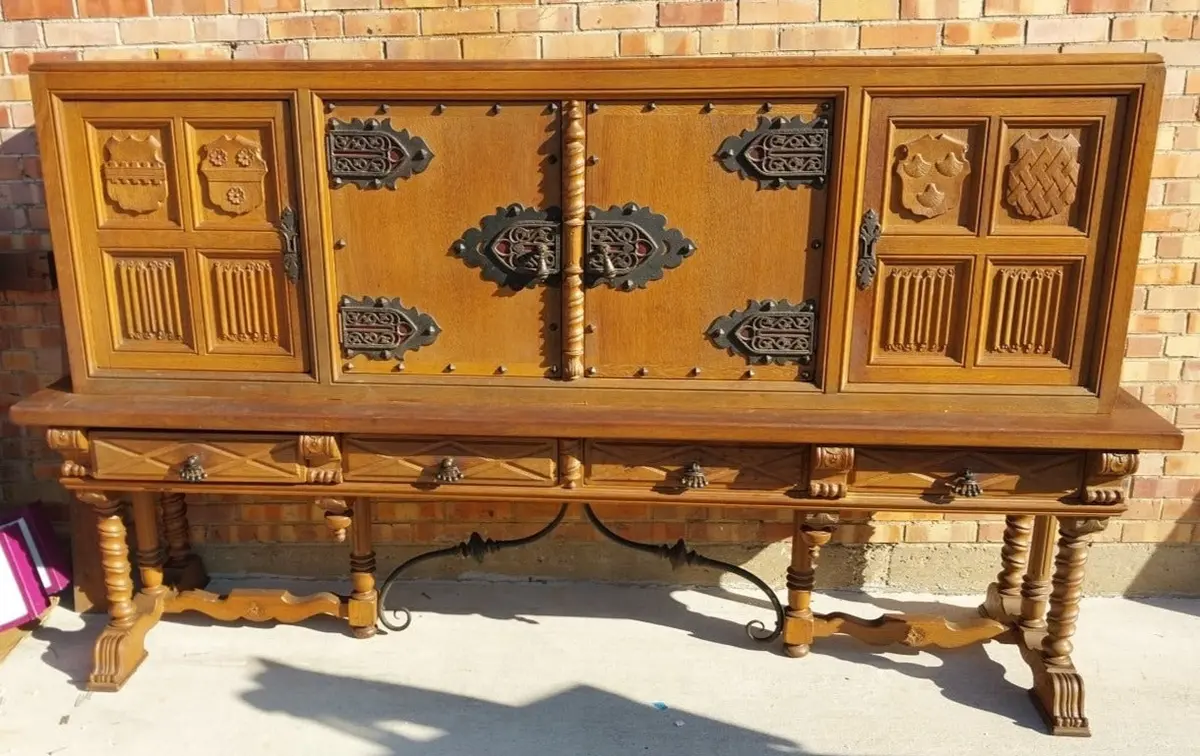 Long Oak Linenfold Cabinet With Iron Stretcher And Handles 1