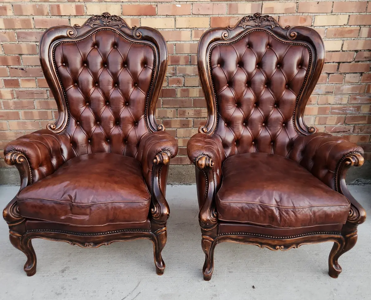 Pair Of Tufted Leather Rococo Arm Chairs 1