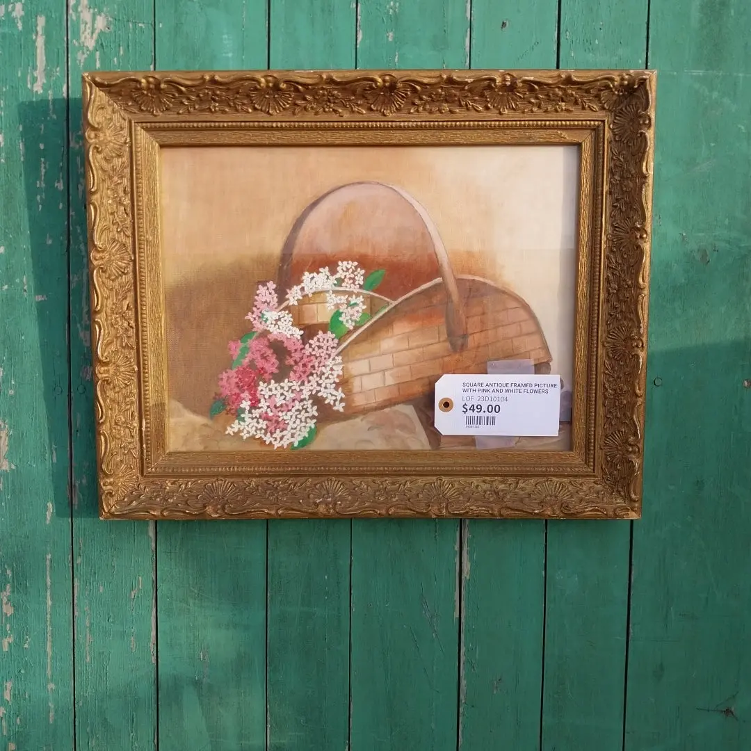 Square Antique Framed Picture With Pink And White Flowers 1