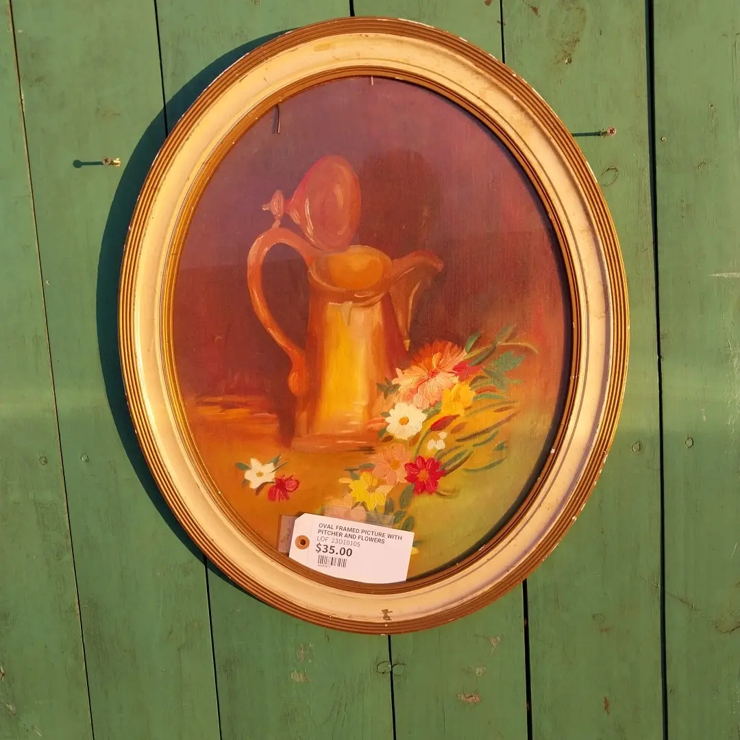 Oval Framed Picture With Pitcher And Flowers 1