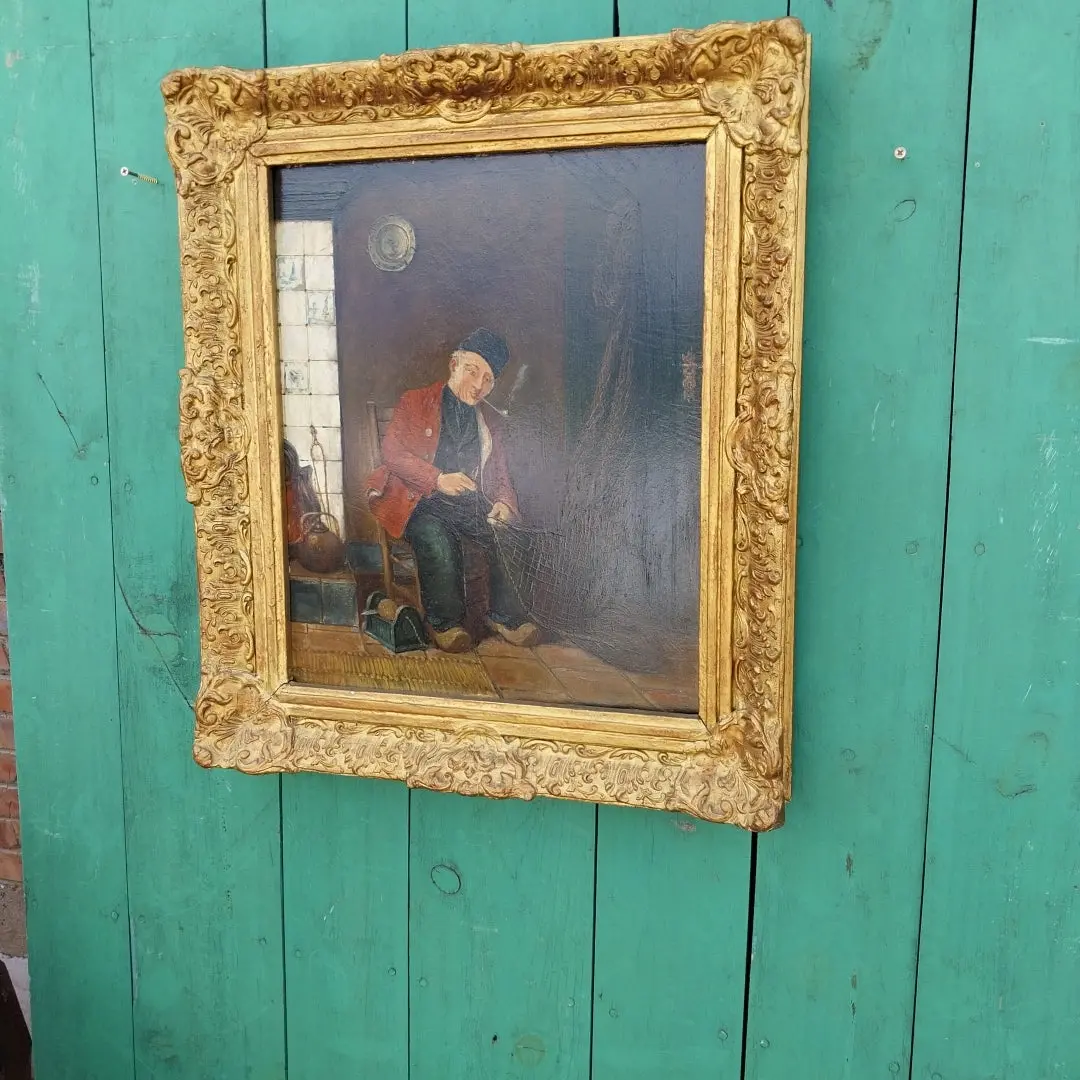 19Th Century Gilt Framed Oil Painting Of Interior With Dutchman 1
