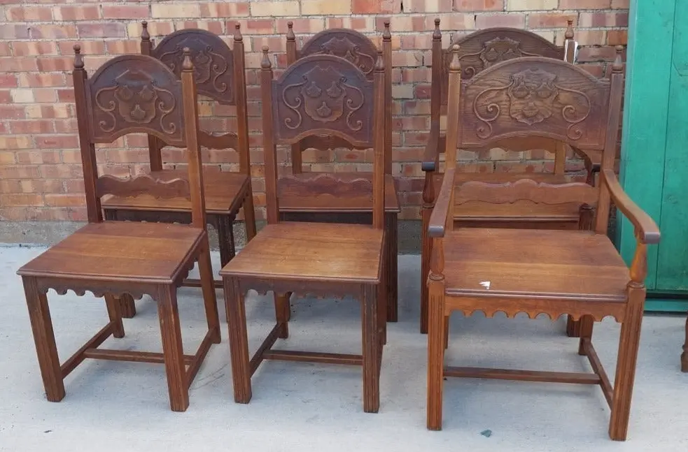 Set Of 6 Arched Back Shell Carved Oak Chairs 1