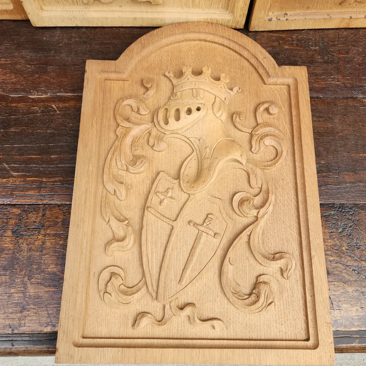 Heraldic Knight And Shield Carved Oak Panel 1