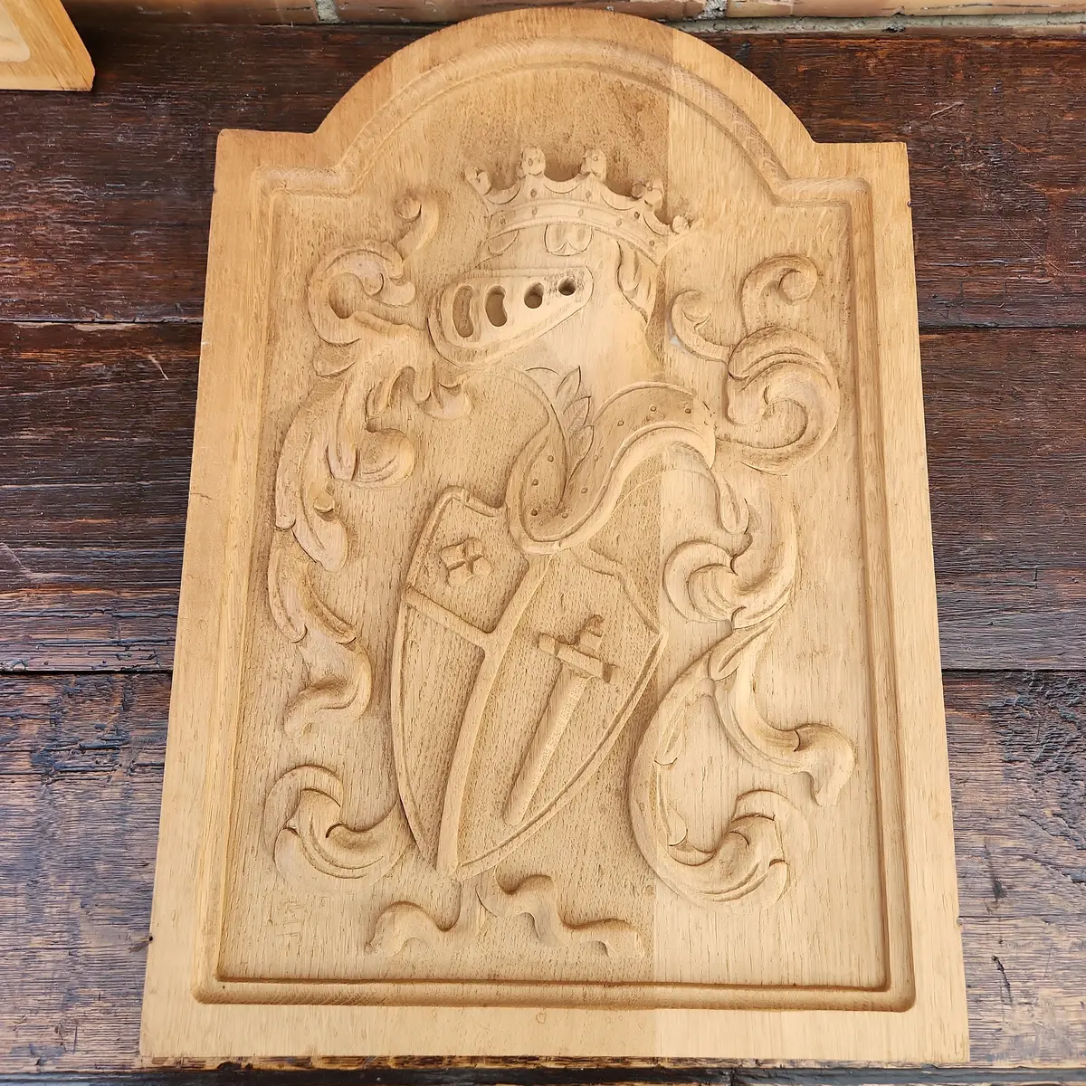 Heraldic Knight And Shield Carved Oak Panel 1