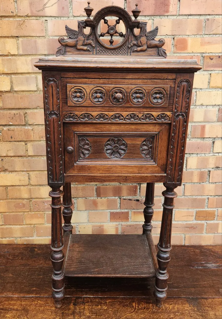 French Breton Griffin Carved Oak Side Cabinet 1