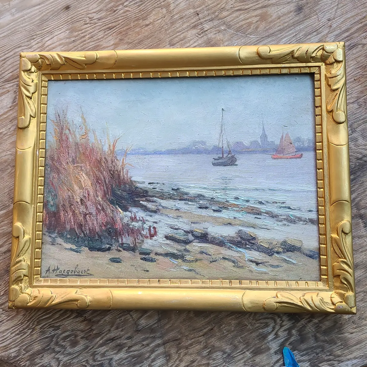 Small Oil Painting Of Harbor Ships 1