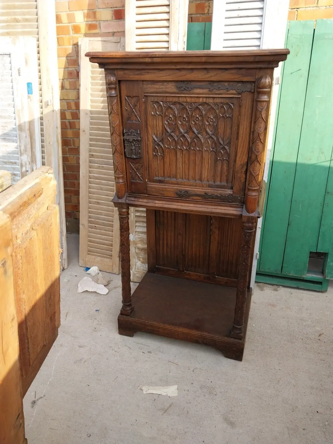 Neo Gothic Linen Fold And Tracery Carved Cabinet 1