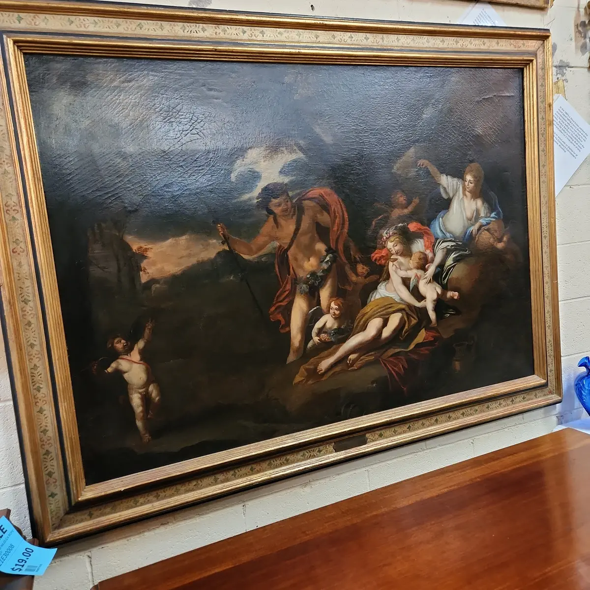 Large Framed Oil Painting On Canvas  With Cherubim And Woodland Creatures-Restored 1