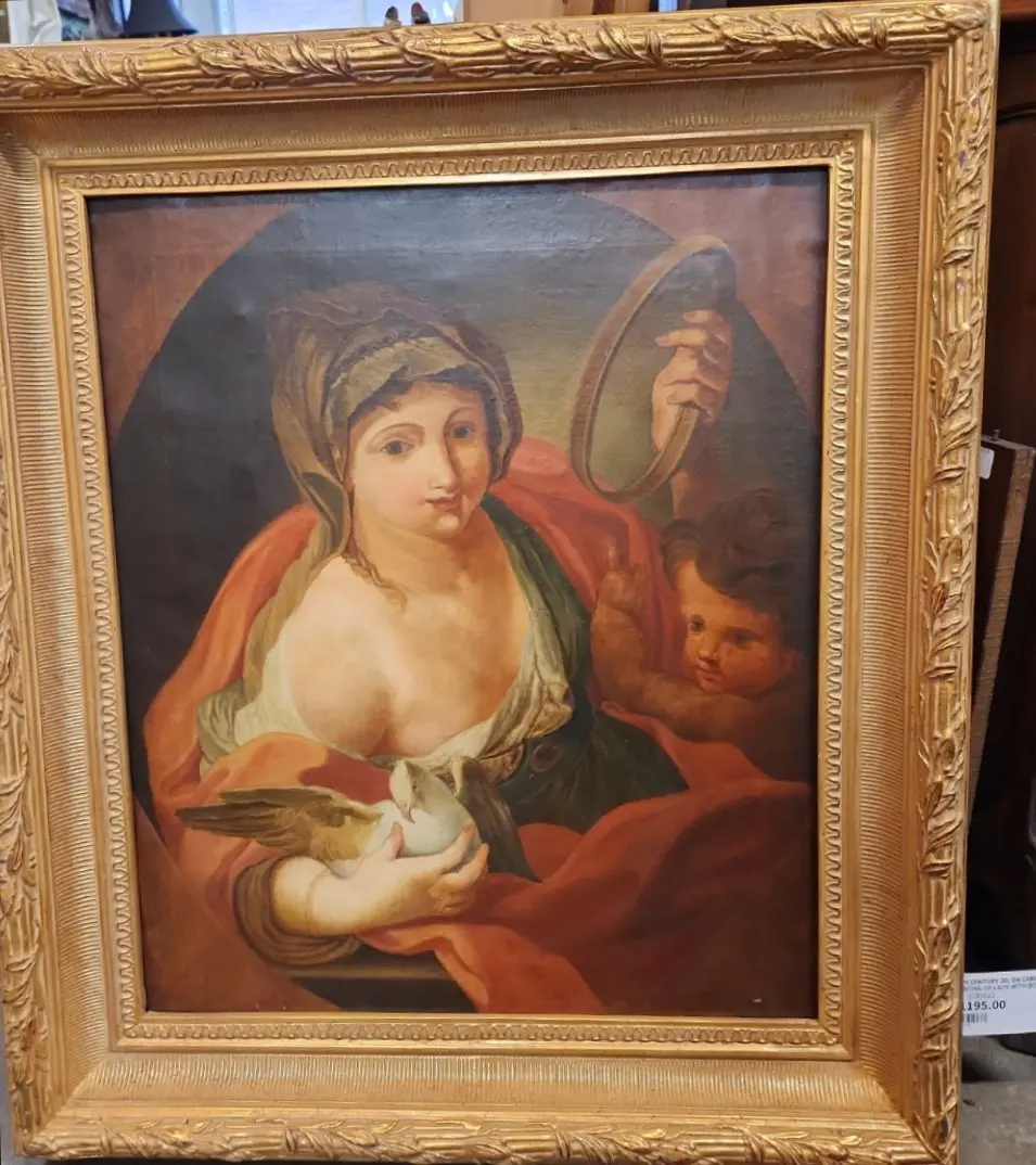 Unframed 19Th Century Oil Painting On Canvas Of Lady With Dove 1