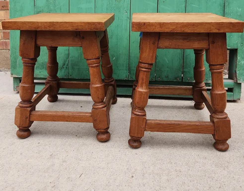 Pair Of Canted Leg , Turned Taborets With Pegged , Mortise And Tenon Construction 1