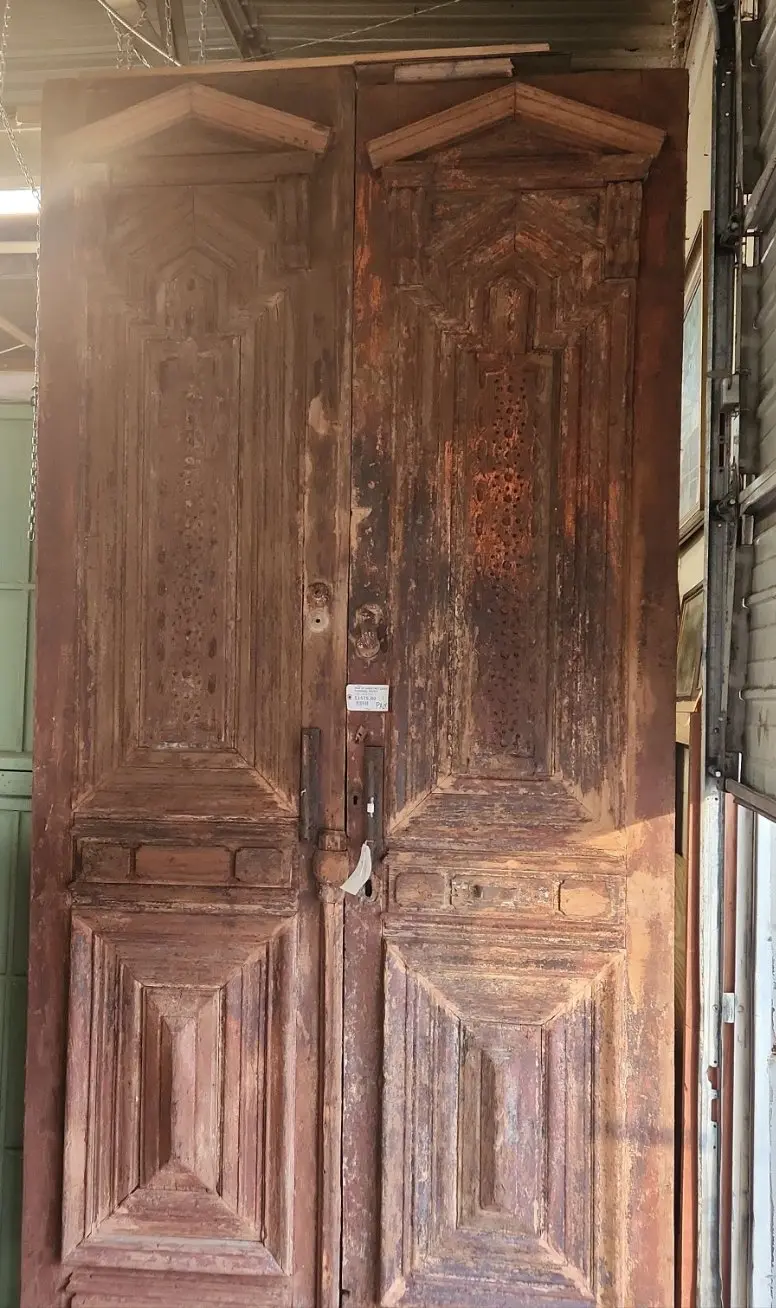 Pair Of Large Fret Carved Pyrimidal Doors 1